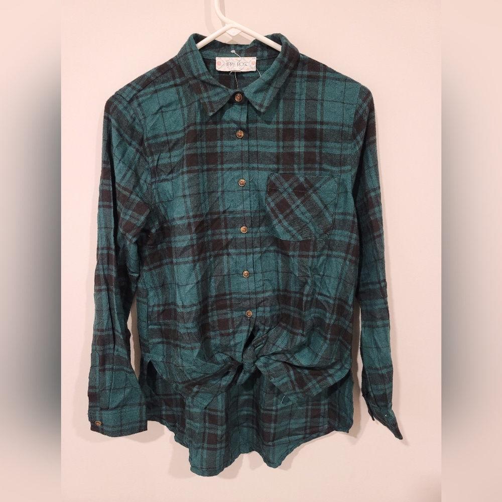 Hippie Rose Plaid Fannel Shirt | Green & Black | Size S | NWT